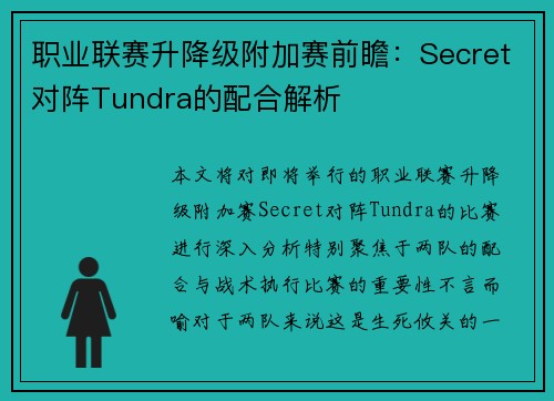 职业联赛升降级附加赛前瞻：Secret对阵Tundra的配合解析